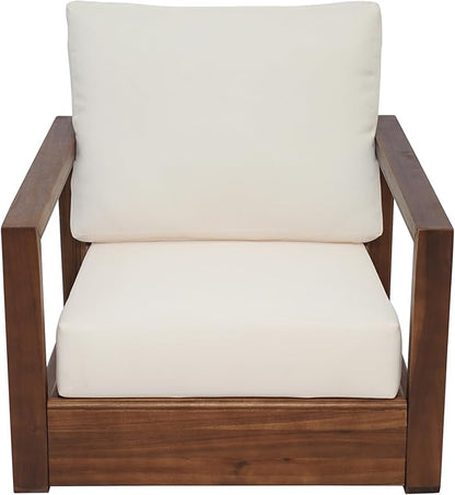 Christopher Knight Home Olaf 4 Pieces Outdoor Conversation Set, Acacia Wood Chat Set, Rectangular Coffee Table and Patio Loveseat with 2 Club Chairs, Patio Furniture Set with Cushion, Beige+Mocha
