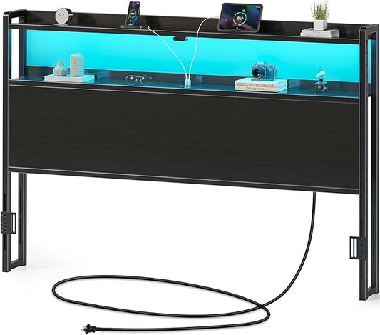 Rolanstar Headboard for Queen Size Bed with Storage, 60,000 DIY Color of LED Light, Head Board with USB & Type C Port, Height Adjustable, Black Cabeceras de Cama Comfortable Modern, Wood