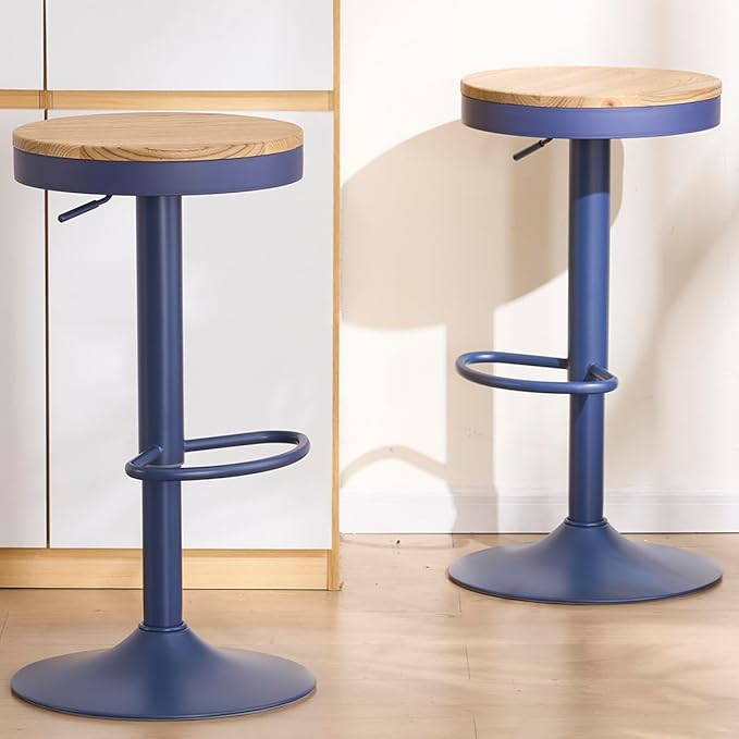 Kidol & Shellder Bar Stools Set of 4 Round Adjustable Swivel Barstools Modern Backless Bar Chairs Wooden Seat Counter Height Stools Armless for Kitchen Island, Cafe, Dining Room Blue