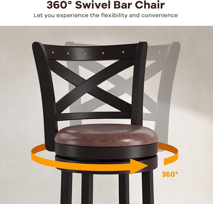 COSTWAY Bar Stools Set of 2, 26" Swivel Counter Height Bar Chairs with Copper Nails, Upholstered Seat, X-Shaped Backrest, Solid Rubber Wood Frame, for Kitchen Island Pub Bar