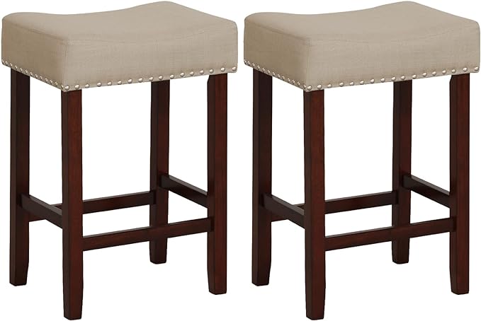 COSTWAY Counter Height Bar Stools Set of 2, 25-inch Backless Saddle Stools with Nailhead Trim, Rubber Wood Frame, Footrest, Max Load 330 Lbs, Upholstered Barstools for Kitchen Island Pub, Beige