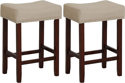 COSTWAY Counter Height Bar Stools Set of 2, 25-inch Backless Saddle Stools with Nailhead Trim, Rubber Wood Frame, Footrest, Max Load 330 Lbs, Upholstered Barstools for Kitchen Island Pub, Beige