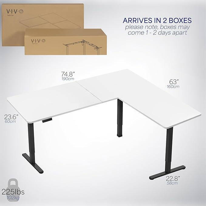 VIVO Corner Standing Desk, 75 x 63 inch Reversible L-Shaped Workstation, Electric Height Adjustment, Home, Office, and Reception Rooms, White Table Top Black Frame, DESK-E3CTBW-75