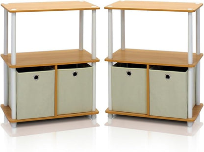 Furinno Go Green 3-Tier 2-Bin Multi-Purpose Storage Shelf (Set of 2), Beech
