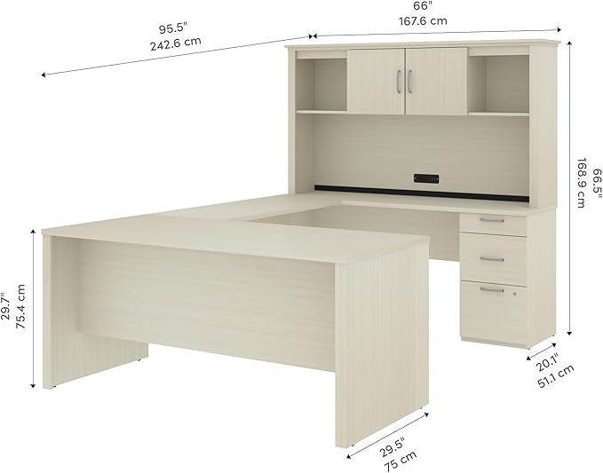 Bestar Logan 66W U or L-Shaped Executive Office Desk with Pedestal and Hutch in White Chocolate