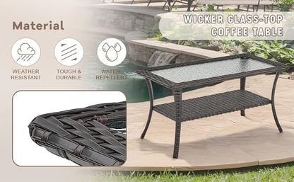 Swivel Patio Chairs sofa Set of 9 with 6" Thick Cushion - Wicker Outdoor Swivel Rocker Patio Chair ,Sofa/Glass coffee table, High Back Comfortable Outdoor Glider Chairs -Brown Wicker Blue Cushion
