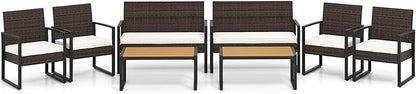 Tangkula 8 Pieces Patio Furniture Set, Outdoor Rattan Conversation Set w/Cushioned Chairs & Wood Plastic Coffee Table, Wicker Sectional Seating Furniture for Backyard, Poolside, Porch (Off White,2)