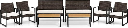 Tangkula 8 Pieces Patio Furniture Set, Outdoor Rattan Conversation Set w/Cushioned Chairs & Wood Plastic Coffee Table, Wicker Sectional Seating Furniture for Backyard, Poolside, Porch (Off White,2)