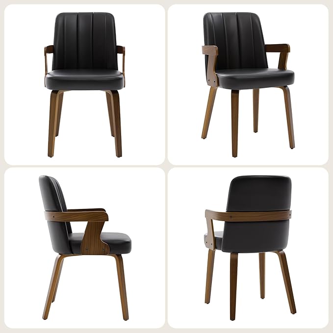 Kitchen Dining Chairs Set of 2, Faux Leather Upholstered Dining Room Chairs with Wood Arms and Legs, Mid Century Modern Kitchen Side Chair for Living, Bedroom, Restaurant, Walnut/Black