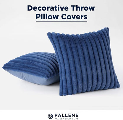 Pallene Faux Fur Plush Throw Pillow Covers 16x16 Set of 2, Luxury Soft Fluffy Striped Decorative Pillow Covers for Sofa, Couch, Living Room, Navy Blue