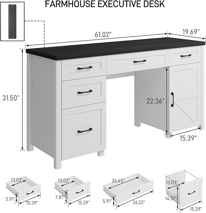 Farmhouse 61" Executive Desk with 5 Drawers,Rustic Office Computer Desk with Charging Station,File Drawers and Storage Cabinet, Wood Workstation for Home Office and Study, Black.