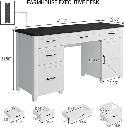 Farmhouse 61" Executive Desk with 5 Drawers,Rustic Office Computer Desk with Charging Station,File Drawers and Storage Cabinet, Wood Workstation for Home Office and Study, Black.