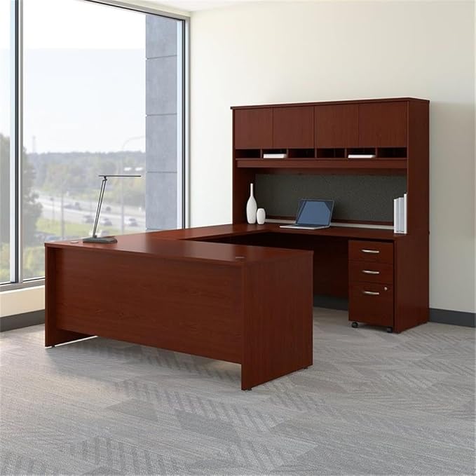 UrbanPro 72" W U-Shaped Desk with Hutch and Storage in Mahogany