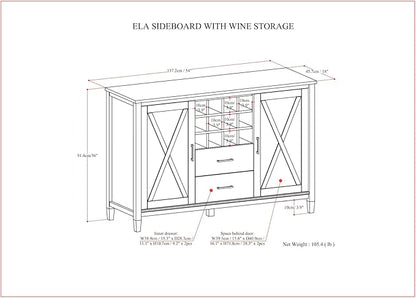 SIMPLIHOME Ela Solid Wood and Pine 54 inch x 18 inch Rectangle Transitional Sideboard with Wine Storage in Smoky Brown for The Dining Room and Kitchen