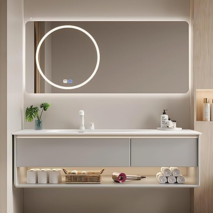 56IN Grey Bathroom Vanity Set - Floating Bathroom Vanity with Single Sink | Including LED Smart Defogging Mirror Cabinet & Time Display Function, Equipped with Motion Sensing Light Strip (Style B)
