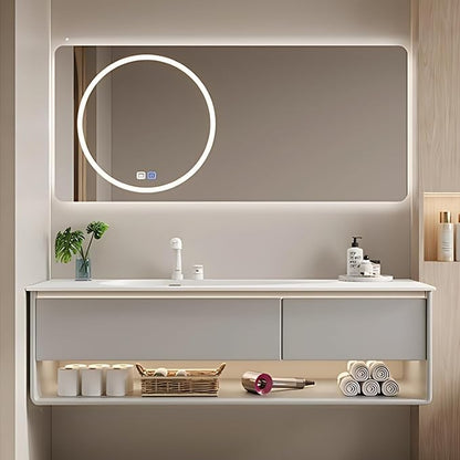 48IN Grey Bathroom Vanity Set - Floating Bathroom Vanity with Single Sink | Including LED Smart Defogging Mirror Cabinet & Time Display Function, Equipped with Motion Sensing Light Strip (Style B)