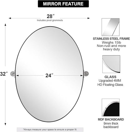 ANDY STAR Oval Bathroom Mirror, 24" x 32" Chrome Stainless Steel Metal Frame Vanity Mirror for Over Sink with Adjustable Tilting Design, Pivoting Mirror for Modern Wall Decor