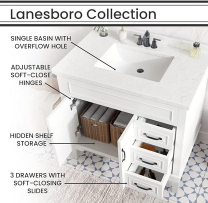 Hanover 36 Set Includes w, White Lanesboro 36'' Vanity Sink Combo for Bathroom, Powder Room | Pre-Assembled 2 Doors, 3 Drawers | Accent Mirror | Artificial Stone Countertop, Cabinet, 36 inches