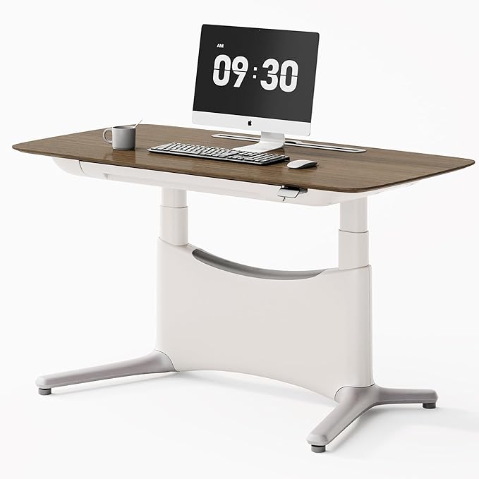 COLAMY Electric Standing Desk, Whole-Piece Gaming Desk with Dual Motors, Ergonomic Footrest, Drawers for Storage, Adjustable Height Sit-Stand Desk for Home Office (Veneer Desktop, Walnut + White)