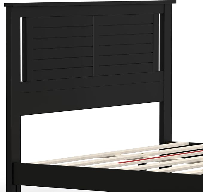 Serene Farmhouse Style Wood Bed in Queen Size with Horizontal Scoring Headboard, Coastal Modern Design, Sturdy, Easy Assembly, Ample Underbed Storage, Black Finish