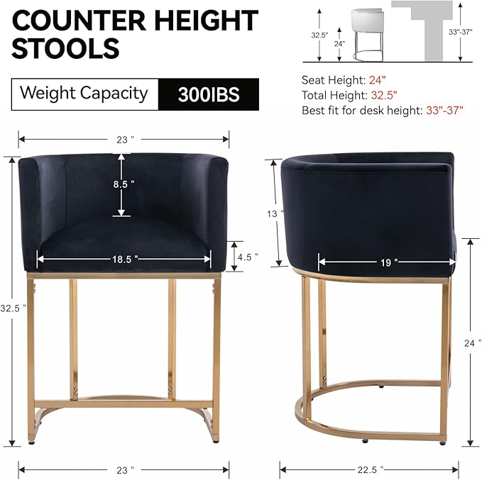 Contemporary Black Velvet Bar Stools Set of 3, 24" Upholstered Fabric Counter Height Barstools Kitchen Counter Island Stools with Screwed Together Golden Metal Base