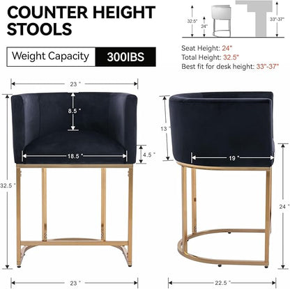 Contemporary Black Velvet Bar Stools Set of 4, 24" Upholstered Fabric Counter Height Barstools Kitchen Counter Island Stools with Screwed Together Golden Metal Base
