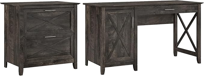 Bush Furniture Key West 54W Computer Desk with Storage and 2 Drawer Lateral File Cabinet in Dark Gray Hickory