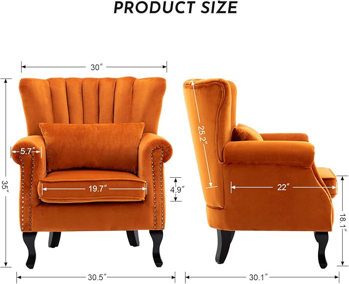 Accent Reading Arm Chairs Set of 2 Midcentury Modern Comfy Corner Sofa Chair, Wingback Waiting Room Club Chair with Tufted Back for Living Room/Bedroom/Reception Room, Velvet Orange