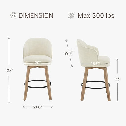 Counter Height Barstools 26 inch Upholstered Swivel Bar Stools with Back and Wood Legs for Kitchen Island,Set of 1,Linen Fabric