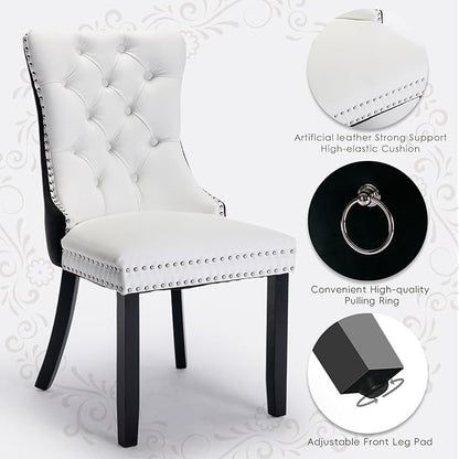Leather Upholstered Dining Chairs Set of 6, Modern Style Kitchen Side Chairs with Nailhead Trim and Wood Leg, Metal Pulling Ring for Dining Room Living Room(Black&White,Set of 6)