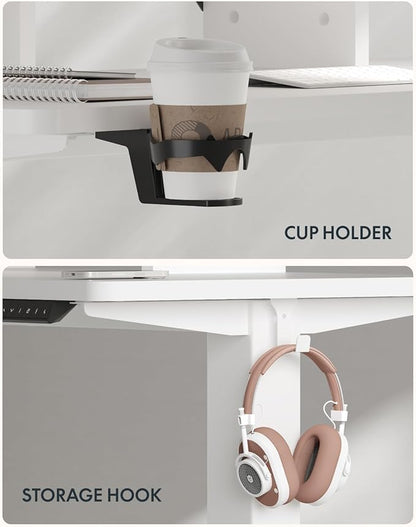 FLEXISPOT 63x32 Inch Electric Large Standing Desk for Home & Office, Spacious Splice Board Desk with Cable Management & Organizer, Cup Holder & Hook, White Wood Grain