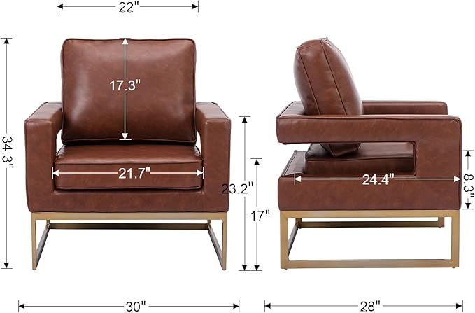 Modern Accent Chair Set of 2, PU Leather Upholstered Side Chair with Backrest, Comfy Armchair Side Chair with Golden Metal Base for Living Room Reception Room, Brown