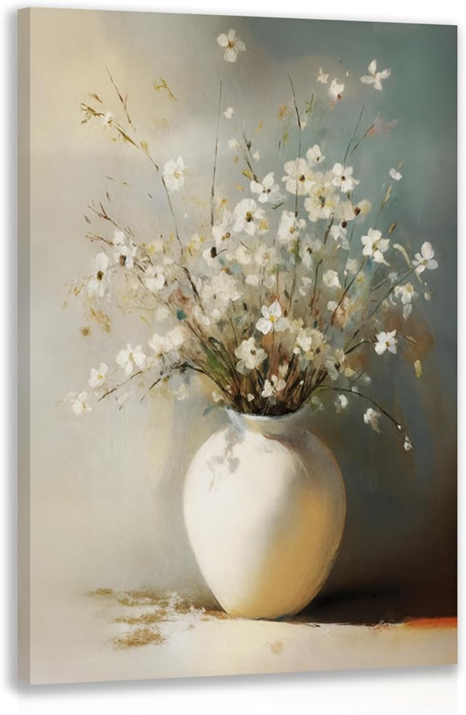 HLXRAE Framed White Floral Wall Art, Rustic Farmhouse Bathroom Wall Decor, Soft Neutral Wildflower Still Life Canvas Print, Minimalist Botanical Aesthetic Picture for Bedroom Laundry 12x16 Inch