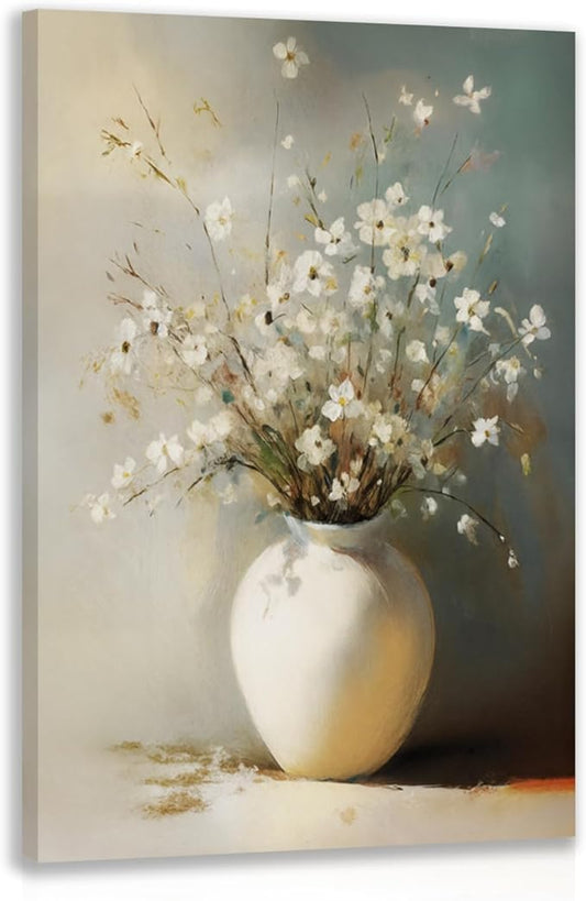 HLXRAE Framed White Floral Wall Art, Rustic Farmhouse Bathroom Wall Decor, Soft Neutral Wildflower Still Life Canvas Print, Minimalist Botanical Aesthetic Picture for Bedroom Laundry 16x24 Inch