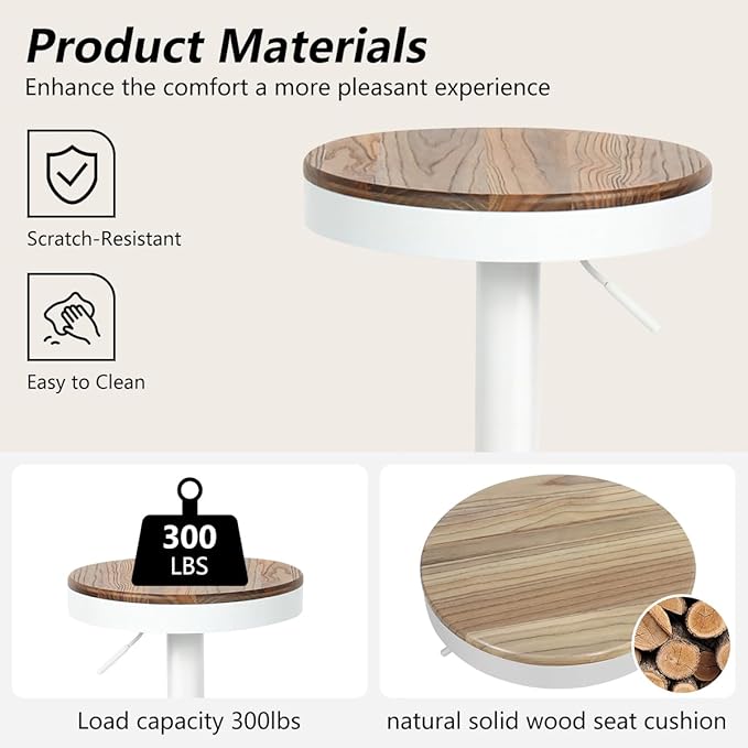 Kidol & Shellder White Bar Stools Set of 6 Adjustable Swivel Backless Barstools Modern Round Counter Height Stools Wooden Seat Armless Bar Chairs for Kitchen Island, Cafe, Dining Room