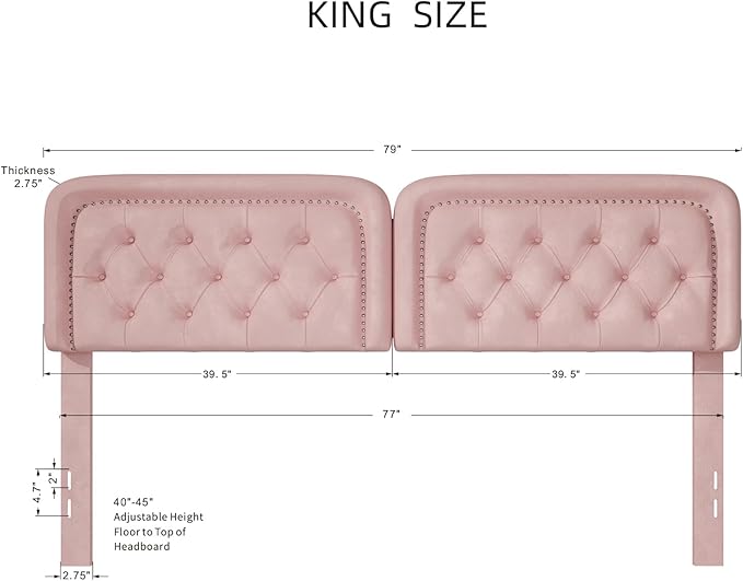Tufted Upholstered Headboard King Size, Button Adjustable Height King Head Board Only, Sturdy and Durable Solid Wood with Nailhead Trim Headboards, Ideal for Bedroom, Dorm, Guest Room,Pink
