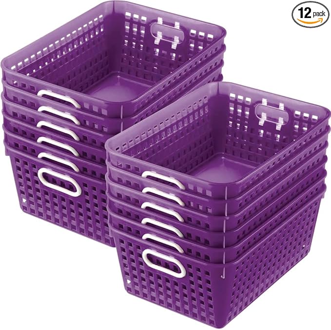 Really Good Stuff Large Plastic Book Baskets, 13.25" by 10" by 5.5" - 12 Pack, Purple, Classroom Library Organizer, Toy Storage, Multi-Purpose Organizer Basket