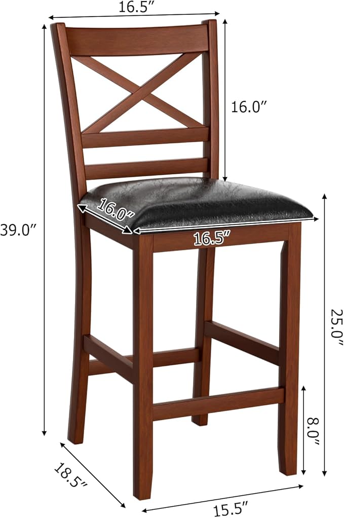 COSTWAY Barstools Set of 2, 25” Counter Height Mid Century Modern Island Chairs with Back, Soft Cushion & Faux Leather Seat, Wooden Armless Kitchen Stools for Home, Cafe Shop, Restaurant, Pub