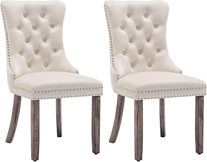 Velvet Dining Chairs Set of 2, Tufted Dining Room Chairs with Nailhead Ring Pull Trim, Upholstered Dining Chairs with Solid Wood Legs for Kitchen Dining Room (Beige)