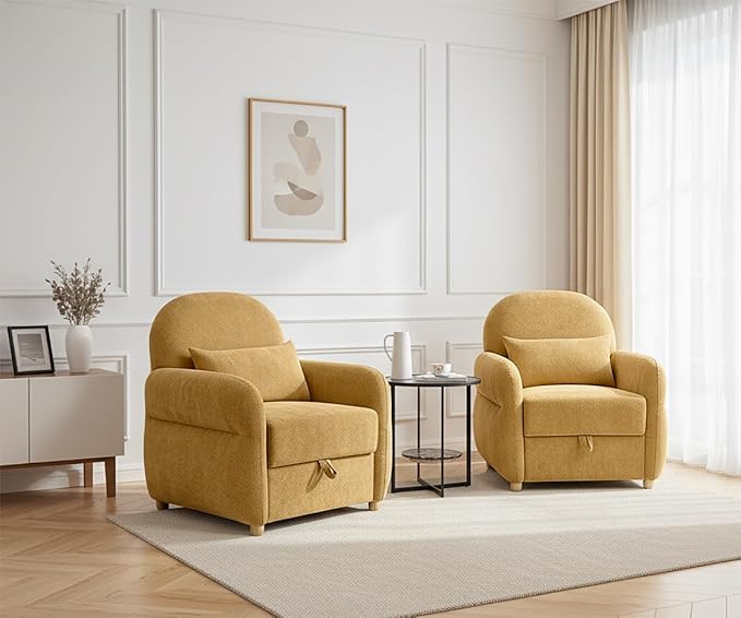 Modern Accent Chairs for Living Room, Comfy Chenille Armchairs with Storage, 33.5" W Single Reading Chairs for Bedroom, Study Room, Apartment, Tool Free Assembly, Mustard Yellow