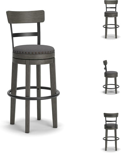Signature Design by Ashley Caitbrook Casual Farmhouse Tall Upholstered Swivel Barstool, Nailhead Trim, Solid Wood, 30" H, Gray
