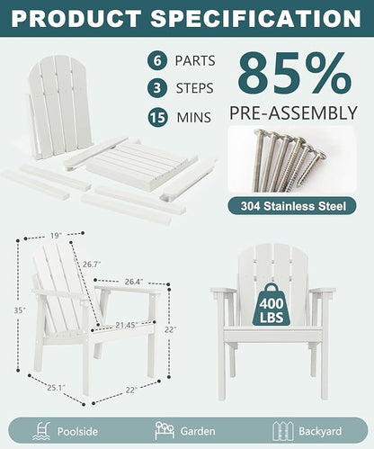 Adirondack Chair, All Weather HDPE Fire Pit Chairs, Oversized Plastic Adirondack Chair for Outdoor, Balcony, Deck, Backyard, Patio, Garden, Poolside, Lawn White