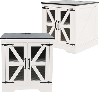 White Farmhouse End Table Set of 2, 24" Wood Sofa Side Table with Charging Station, Nightstand with Mesh Barn Door for Living Room, Square