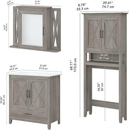 Bush Furniture Key West 32W Bathroom Vanity Sink with Mirror and Over The Toilet Storage Cabinet in Driftwood Gray