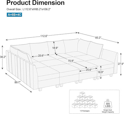 Belffin Oversized Modular Sectional Sofa Sleeper Sectional Couch with Storage Chenille Sofa Bed for Living Room, 12 Seats, Beige