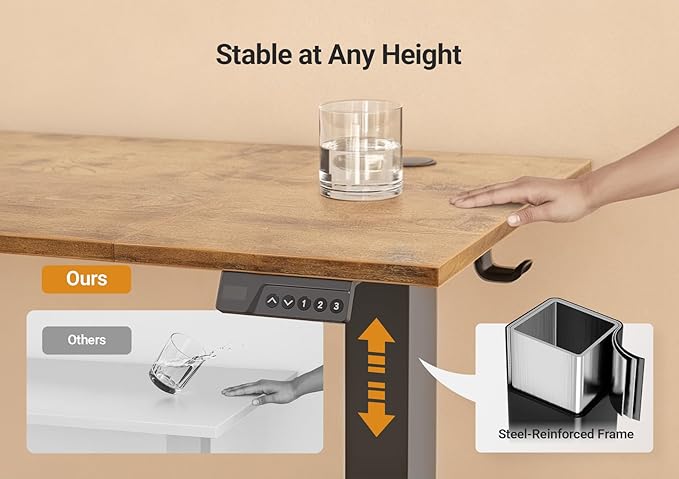 Seang Electric Height Adjustable Standing Desk, 40 x 24 Inch Sit-Stand Workstation with T-Style Frame, 3 Memory Height Options & Built-In Cable Management for Home Office, Black Frame/Rustic Brown Top