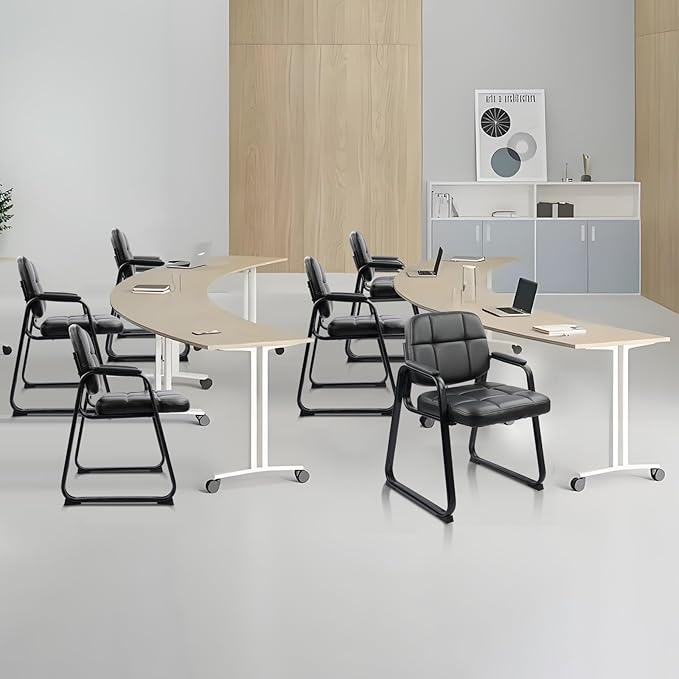 CLATINA Waiting Room Chairs with Padded Arms Leather Guest Chair no Wheels for Office Reception and Conference Desk with Sled Base Black, 2PK