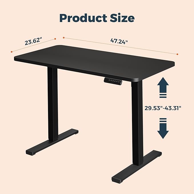 One-Piece Standing Desk 47 x 24 Inches, Small Adjustable Height Desk， Electric Sit Stand Desks Home Office Computer Workstation, Black