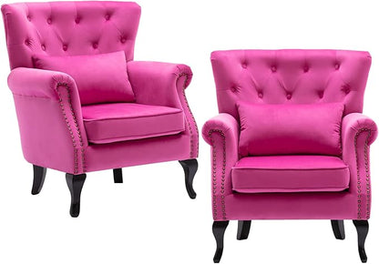 chairus Mid-Century Modern Accent Chairs Set of 2, Comfy Tufted Single Sofa Chair Wingback Armchair with Pillow for Club, Living Room, Bedroom - Velvet, Rose