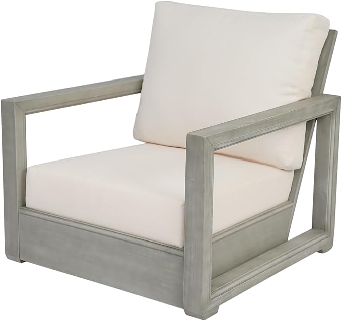 Christopher Knight Home Olaf 4 Pieces Outdoor Conversation Set, Acacia Wood Chat Set, Rectangular Coffee Table and Patio Loveseat with 2 Club Chairs, Patio Furniture Set with Cushion, Beige+Light Grey